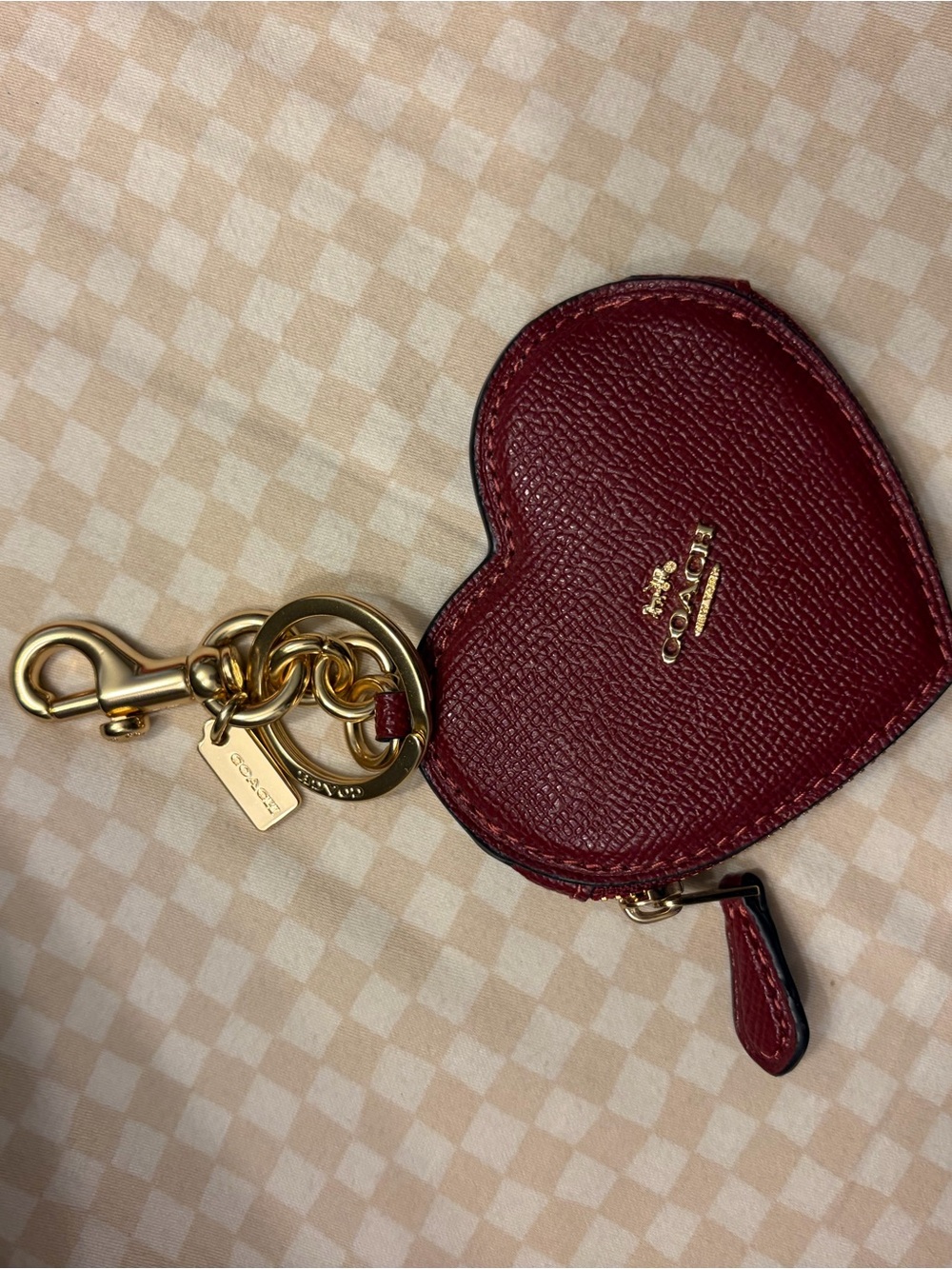 Coach Burgundy Heart Zip Key & Coin Holder with Gold Hardware